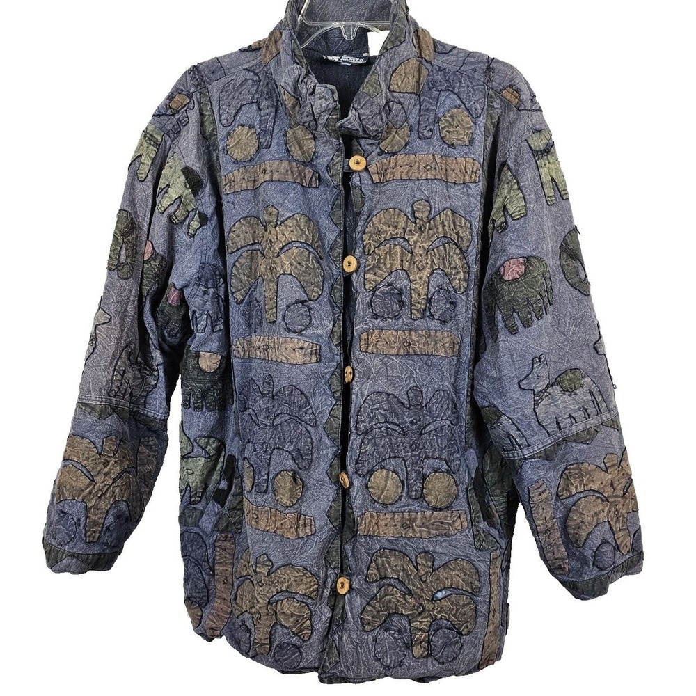 Nancy K Art To Wear Jacket Women Free Size Blue Applique Animals Llama Vtg Boho